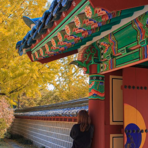 A woman leaning against a traditional Korean building.
