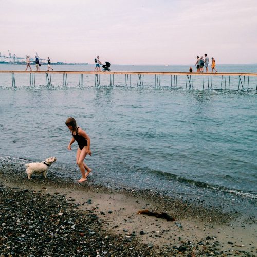 A girl playing with her dog on a beach while people walk by on a bridge in the background.